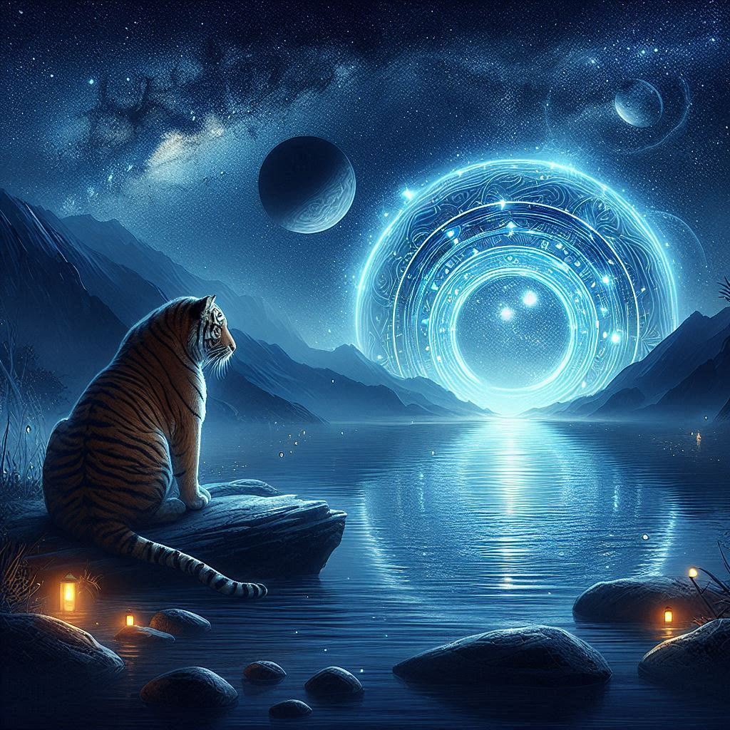 Tiger at night viewing cosmic portal over a river