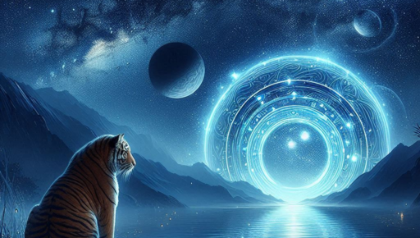 Tiger at night viewing cosmic portal over a river